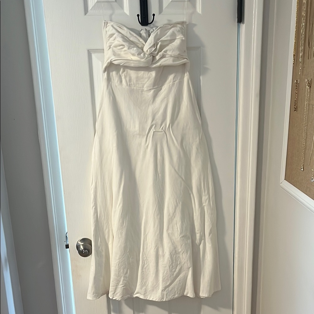 Petal & Pup White Ruched Strapless Midi Dress